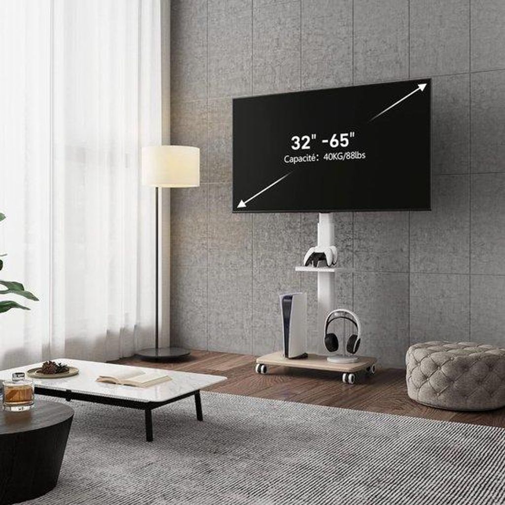 Fernseh-Unterstand, mit Holzplatte ausklappbar, Fernseh-Unterstand mit Rädern, in Höhe verstellbar, drehbar, für 32 bis 70 Zoll Flachbildschirm ...