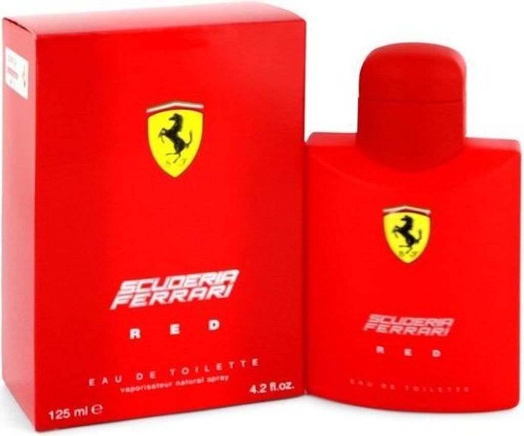A red box and bottle of Ferrari Scuderia Red eau de Toilette for men.