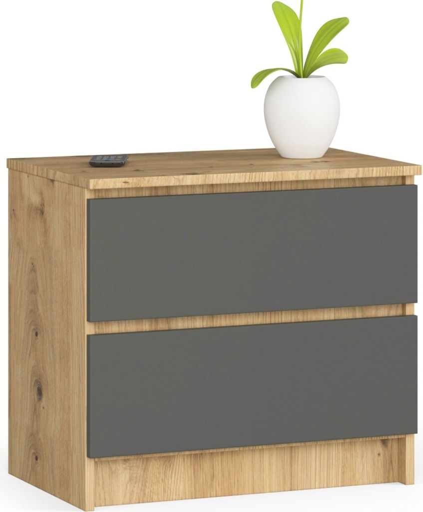 Nachttisch K60 mit 2 Schubladen Schlafzimmer Schrank, B60xH55xT40 cm, Artisan-Grau