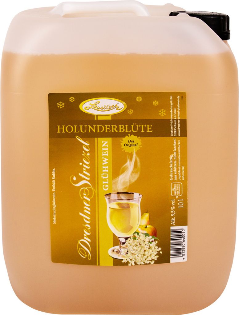 A large plastic canister of Dresdner Striezel Glühwein with a prominent label.