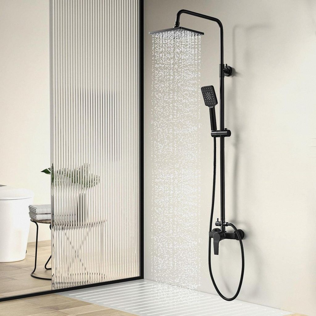 Duschsystem mit Duscharmatur Schwarz | Coleniny Duschset mit Mischbatterie Dusche Höhenverstellbar 110-145cm | Regenduschkopf 21x21cm | Handbrause...