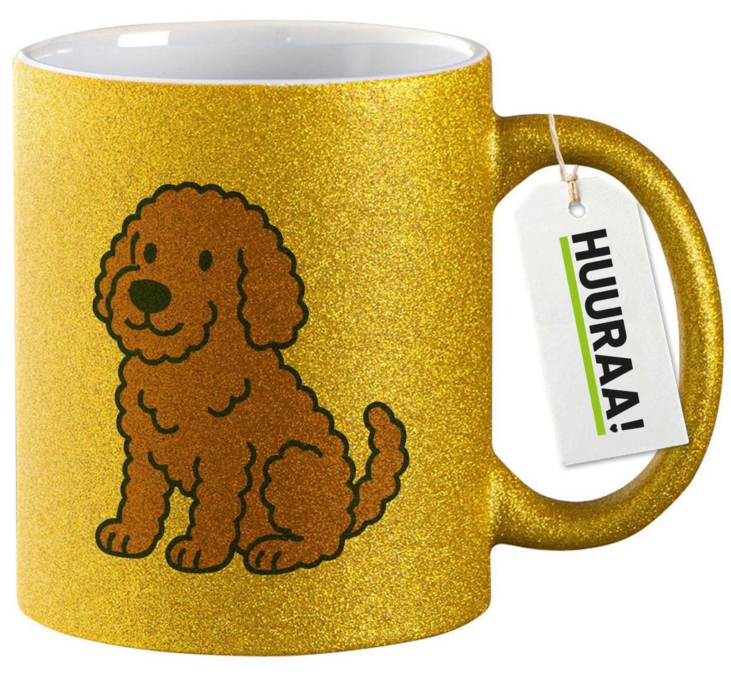 Huuraa Glitzertasse Labradoodle Comic Labradoo 330ml Gold Keramik Kaffeebecher Geschenkidee