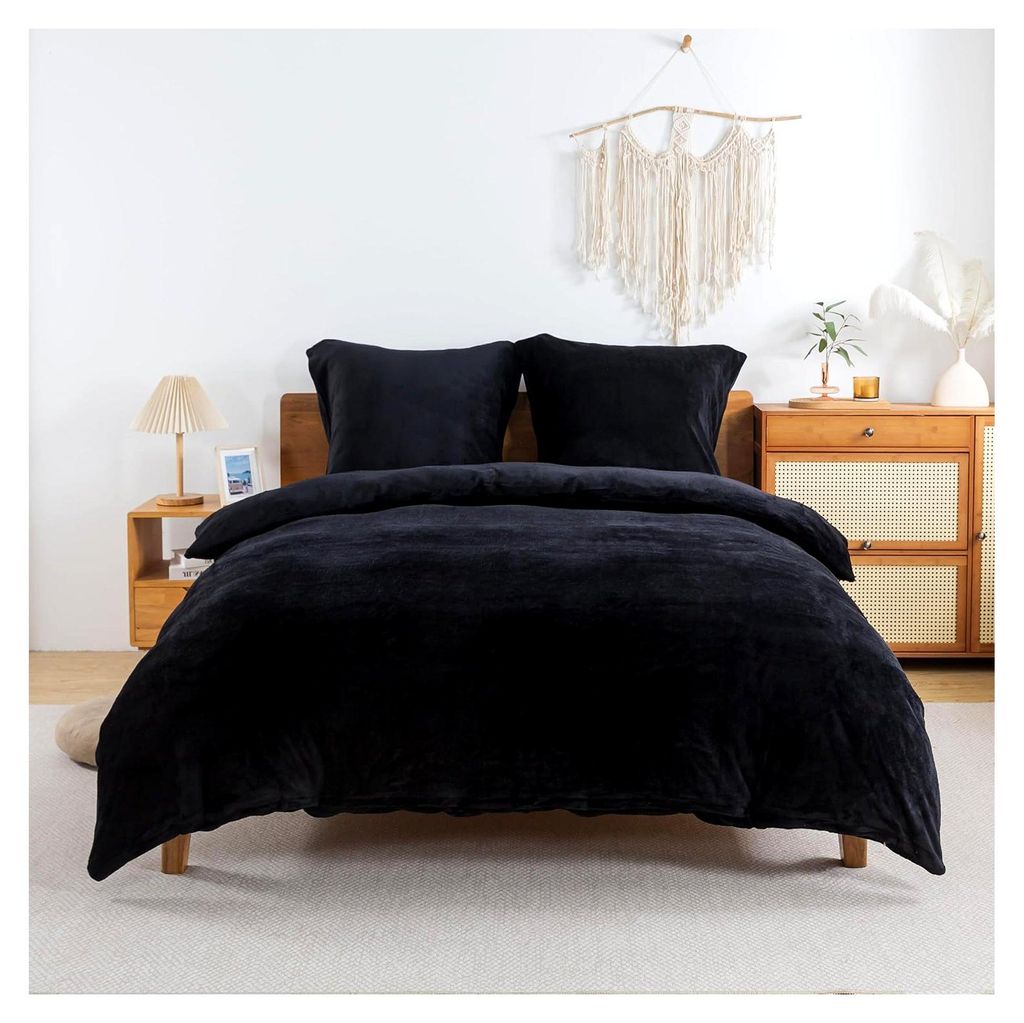 Flauschige Bettwäsche 240x220 cm Schwarz – Herbst Winter Biber Warm Bettbezug Fleece mit 2 Kissenbezügen 80x80 cm, Weiches Flanell Bettwäsche-...