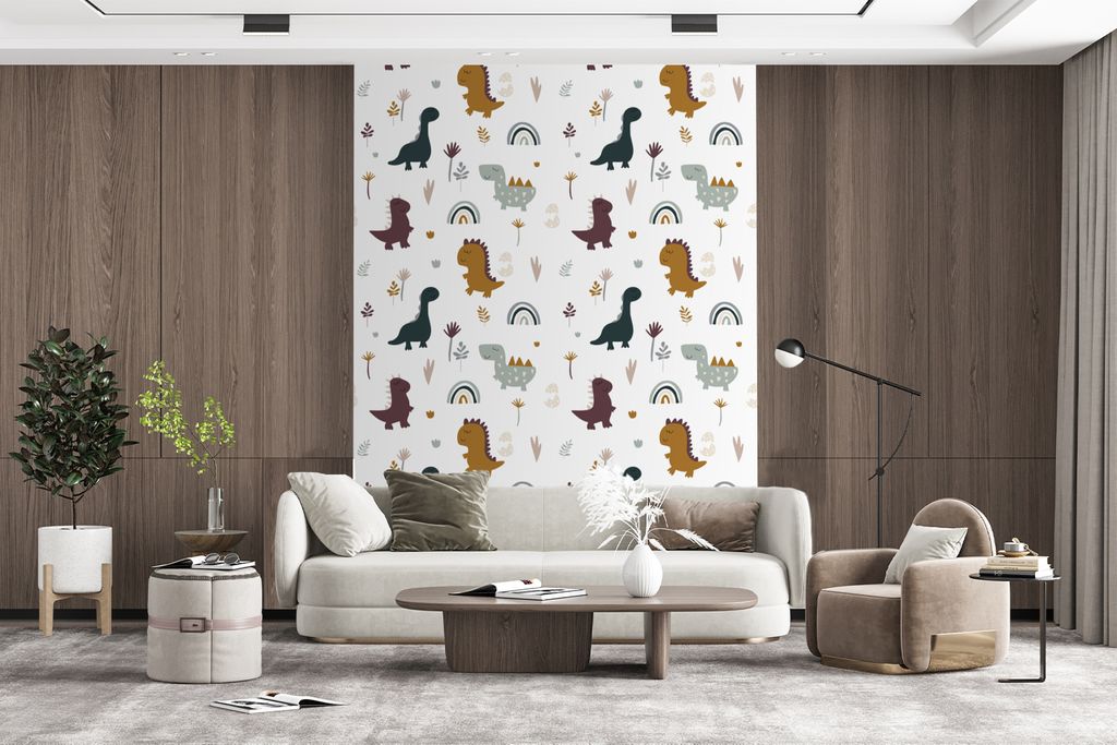 MuchoWow Fototapete für Wohnzimmer oder Schlafzimmer Wandtapete Vinyl Motivtapete Schnittmuster - Jungen - Dino - 160x220 cm - Bildschirmhinterg...