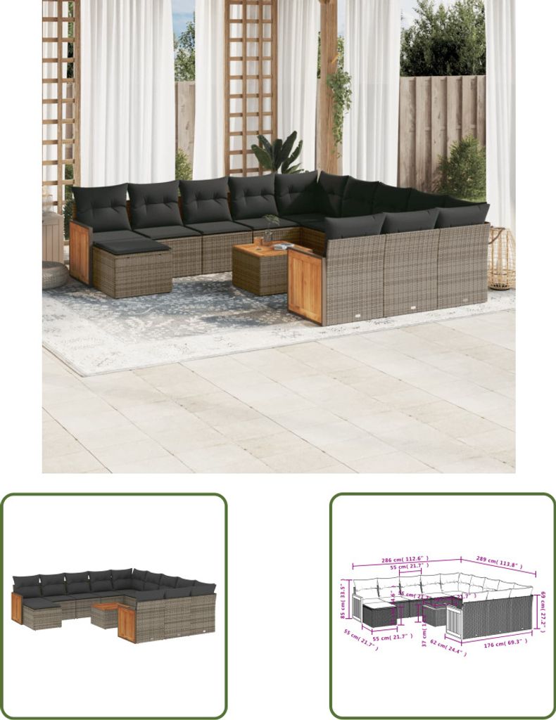 The Living Store 13-tlg. Garten-Sofagarnitur mit Kissen Grau Poly Rattan