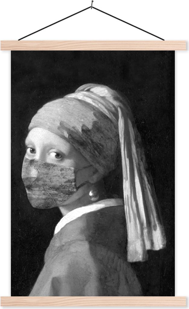 MuchoWow Textilposter Das Mädchen mit dem Perlenohrring und der blauen Mundhaube - Gemälde von Johannes Vermeer - schwarz-weiß 60x90 cm mit ho...