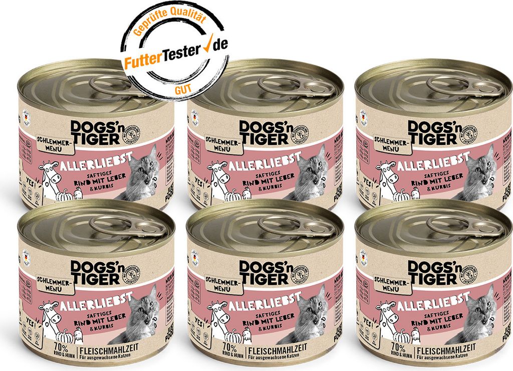 Dogs’n Tiger Adult Katzenfutter, Allerliebst, Nassfutter, Getreidefrei, Rind, Hühnerleber & Kürbis, 6x200g