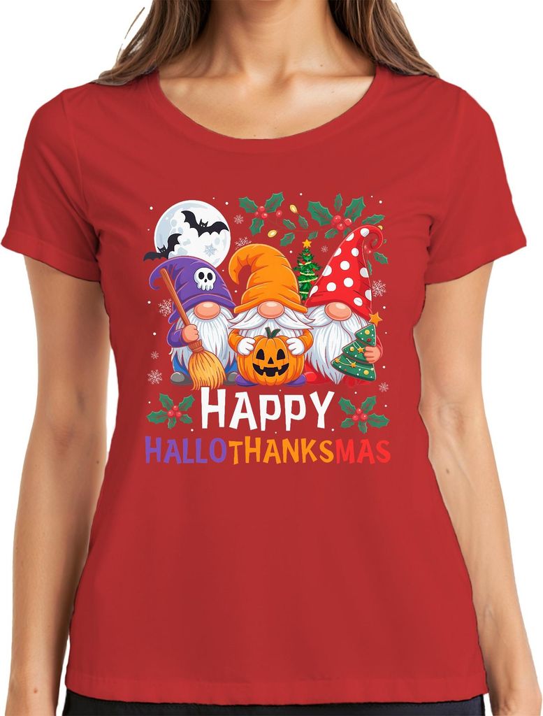 Gnome Happy HalloThanksMas Halloween Kürbis Weihnachten Geschenk Damen T-Shirt, Rot, XXL