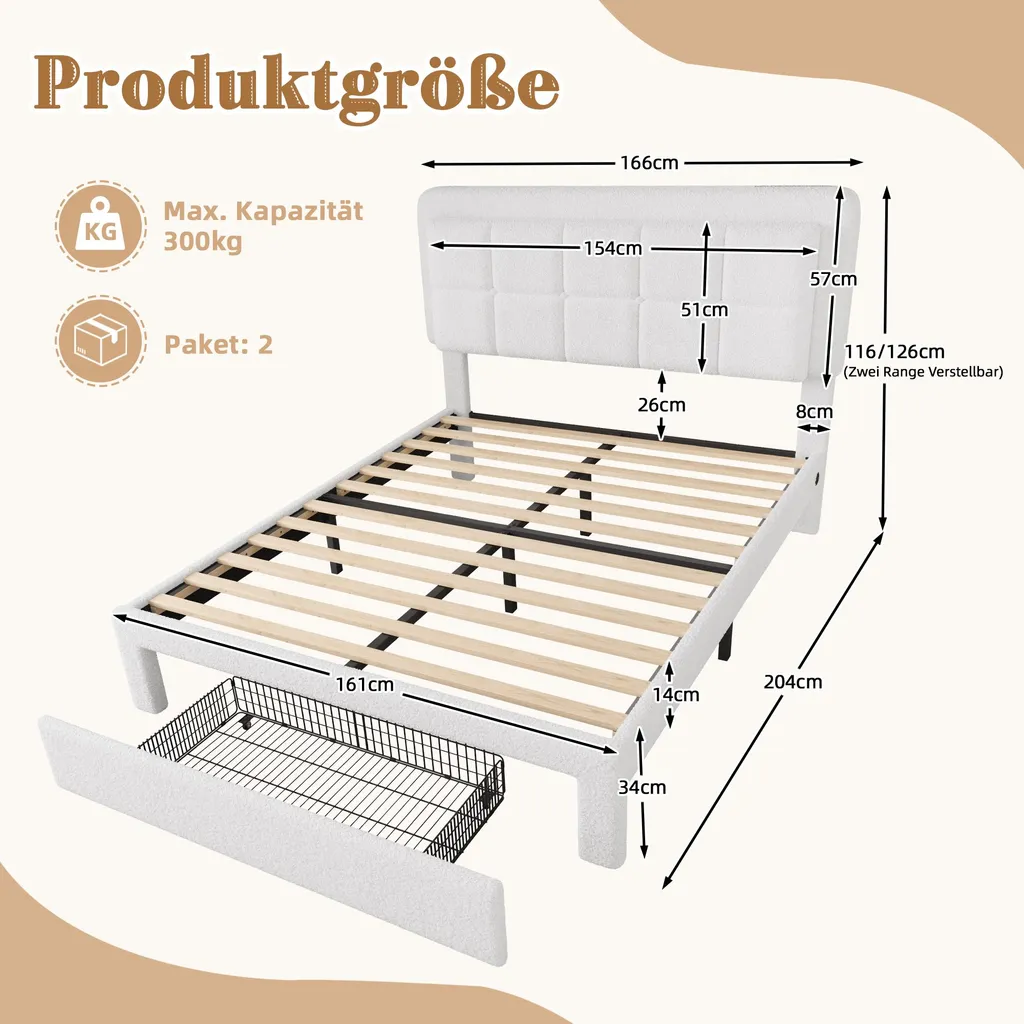 Lit 160x200cm robuste anti-grincement avec tête réglable et USB LED - 2