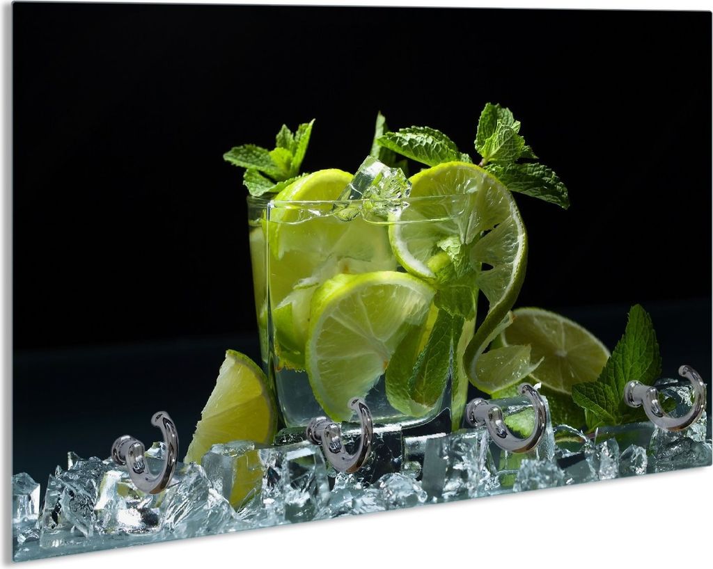 Wallario Schlüsselbrett aus Glas, Motiv: Mojito - Cocktail mit Limetten, Eis und Minze, 30 x 20 cm mit 4 Haken