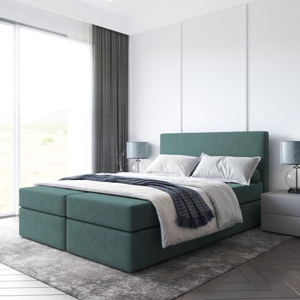 Bett Boxspringbett BERO ohne Topper mit Bettkästen - Doppelbett, Stauraum, Schlafzimmer, Polsterbett, Bettgestell (160x200, Grün - ITAKA 10)