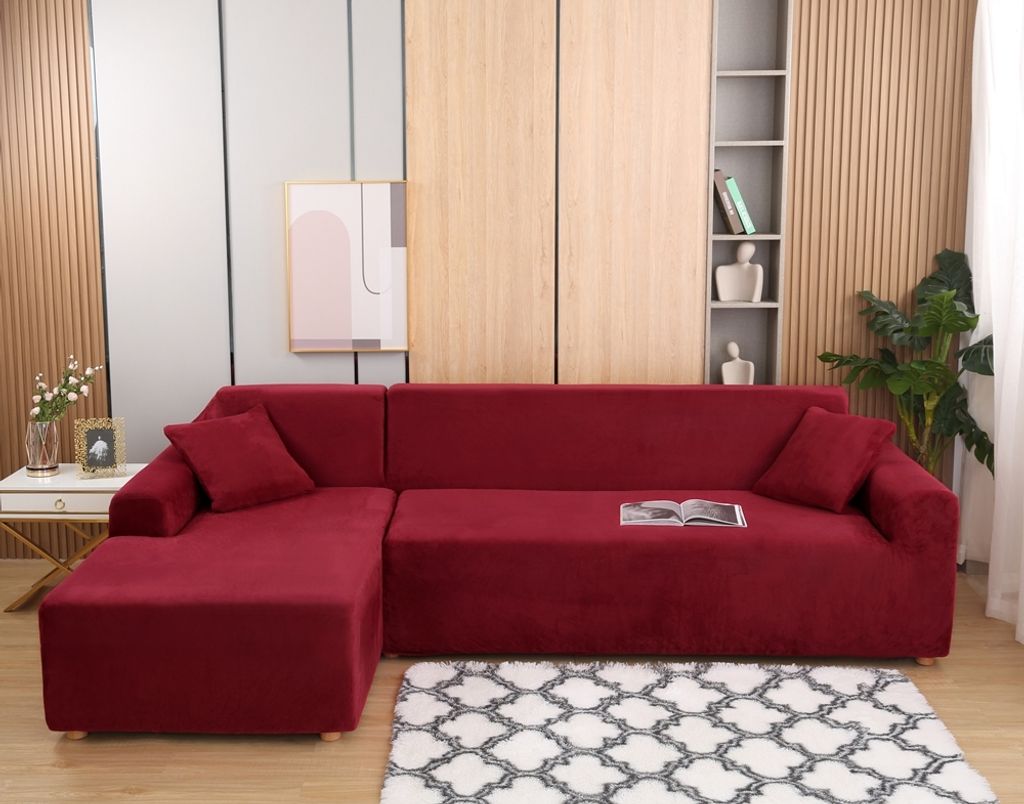 Velvet Plüsch Schonbezug Sofa, rutschfeste Stretch Sofabezug Schonbezug Soft Thick Sofa Protector Für L-förmige Schnittcouch (Rot, 3 Sitz+ 3 Sitz)