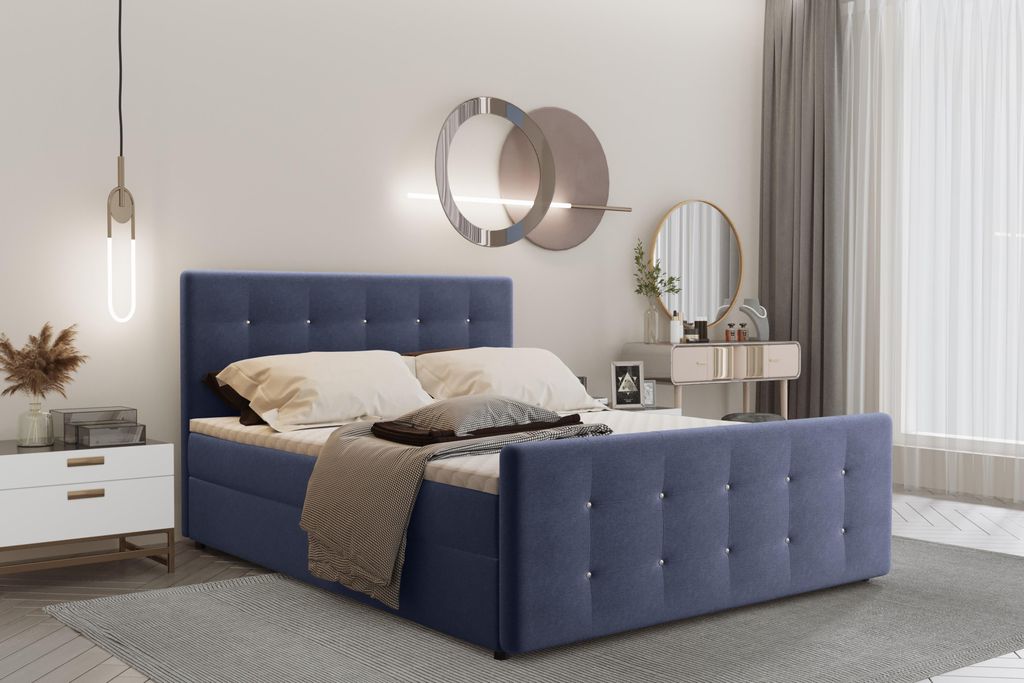 Kaiser Möbel Boxspringbett 160x200 mit bettkasten und matratze+topper, Schlafzimmerbett AMOR Marineblau