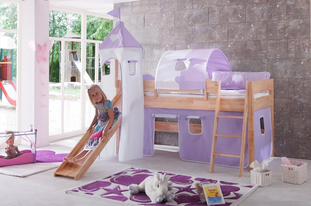 Halbhohes Einzelbett Kim Buche massiv 90x200 cm mit Rutsche und Textilset