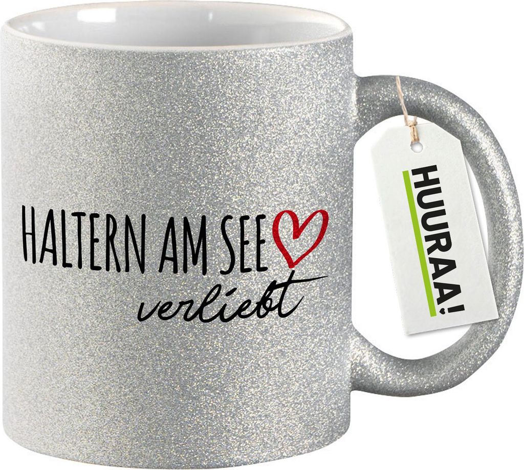 Huuraa Glitzertasse Haltern am See verliebt 330ml Silber Keramik Kaffeebecher Geschenkidee