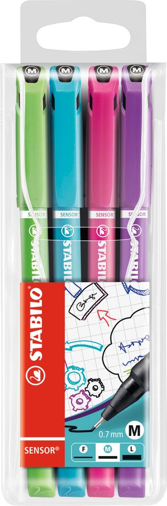 Fineliner mit gefederter Spitze - STABILO SENSOR M - medium - 4er Pack - hellgrün, türkis, pink, lila