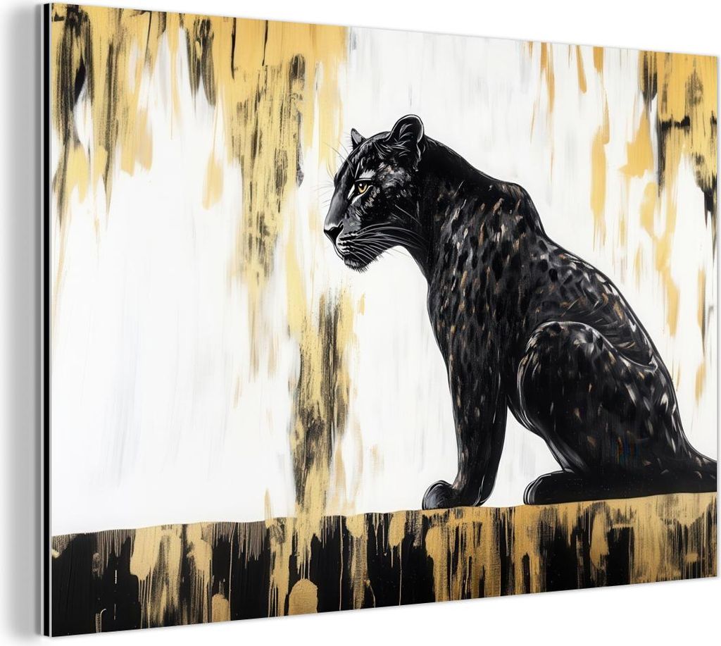 MuchoWow Wanddekoration Metall Metallbild Wandkunst 150x100 cm Panther - Schwarz - Abstrakt - Gold MuchoWow Aluminium Gemälde - Alu Dibond Bild