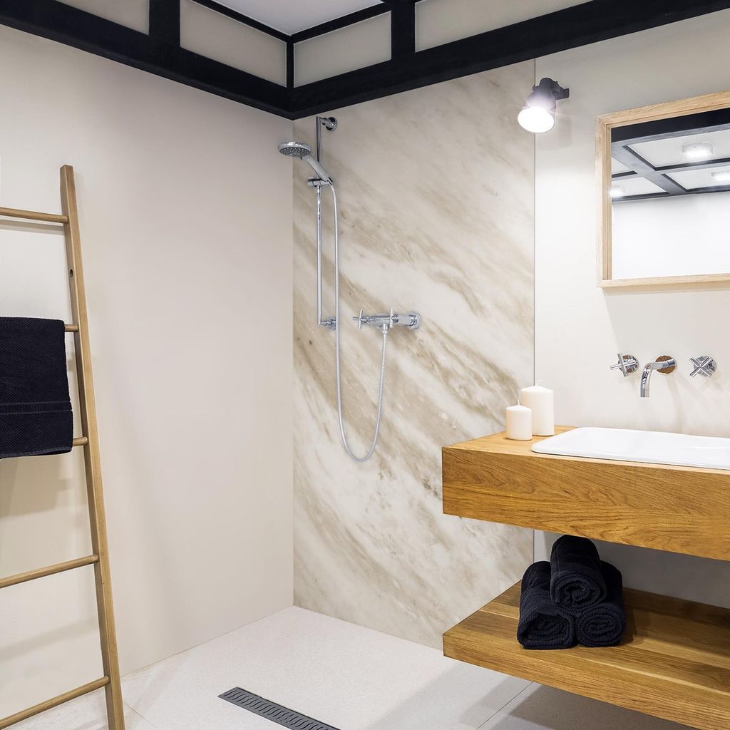 Duschrückwand mit Motiv selbstklebend - 0.61 mm Wandpaneel wasserfest Design beige Marmoroptik Motiv Badrückwand fugenlos Premium matt 90x200 cm