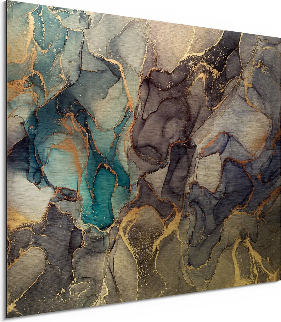 DEQORI Alu-Dibond Bild Gold 40x30 cm 'Stilvoller Tinteneffekt' Wandbild Metall dünn