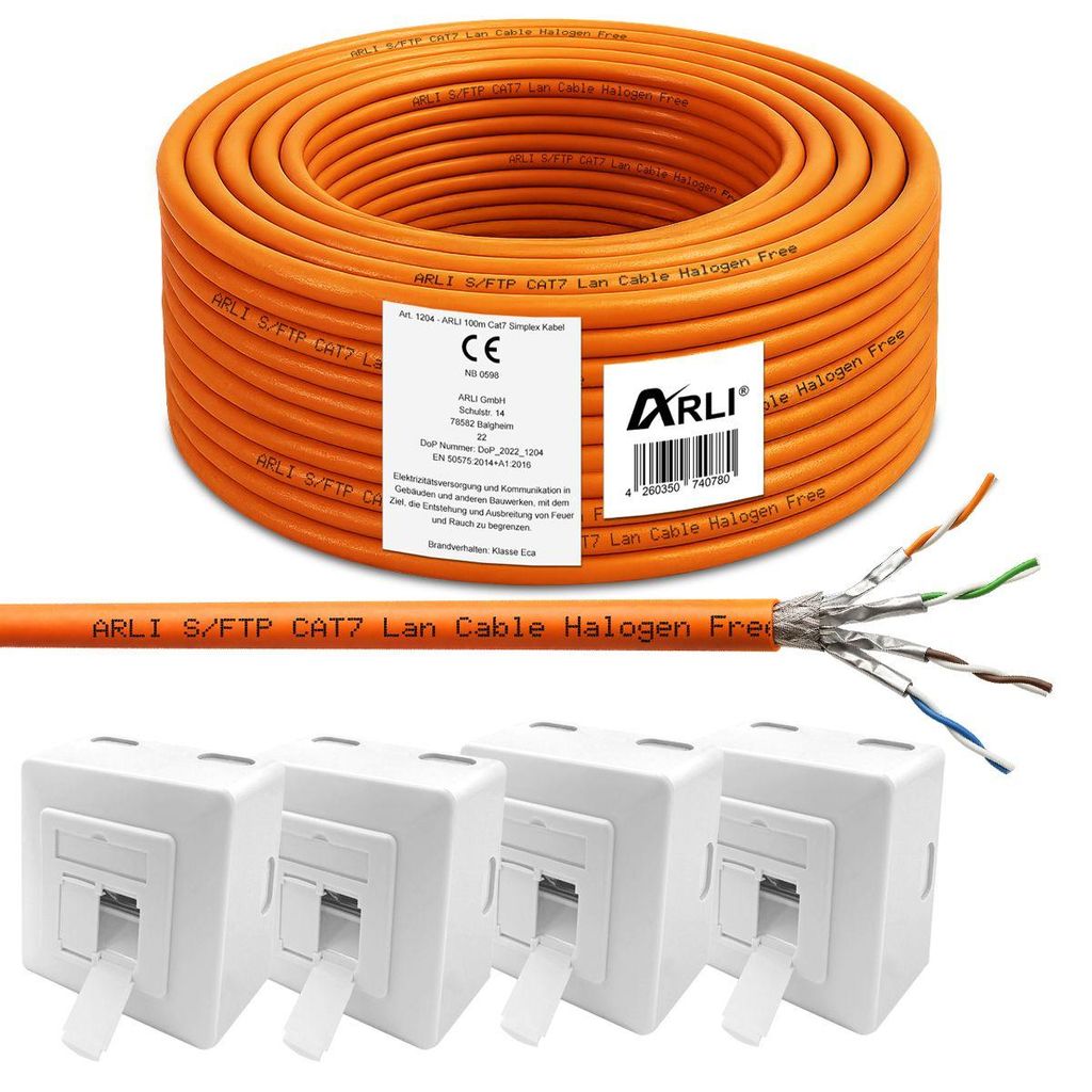 ARLI 100 m Cat7 Verlegekabel S/FTP LSZH PIMF + 4x Cat6a Netzwerkdose halogenfreies Netzwerkkabel