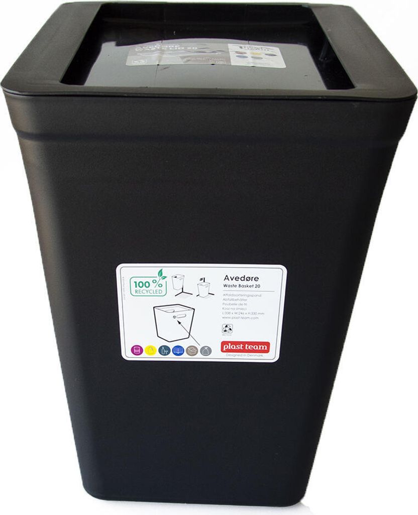 A black waste bin with a label on the front.