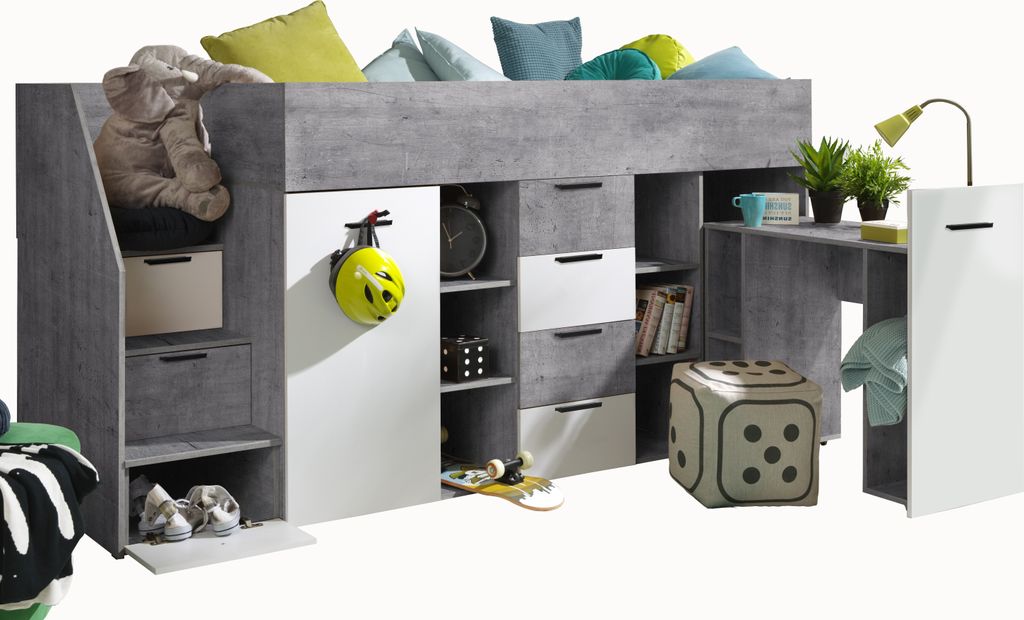 Etagenbett für Kinder KONKRET 3 Stockbett mit Treppe, Kleiderschrank und Schreibtisch (Beton + Weiß, Seite: Links)