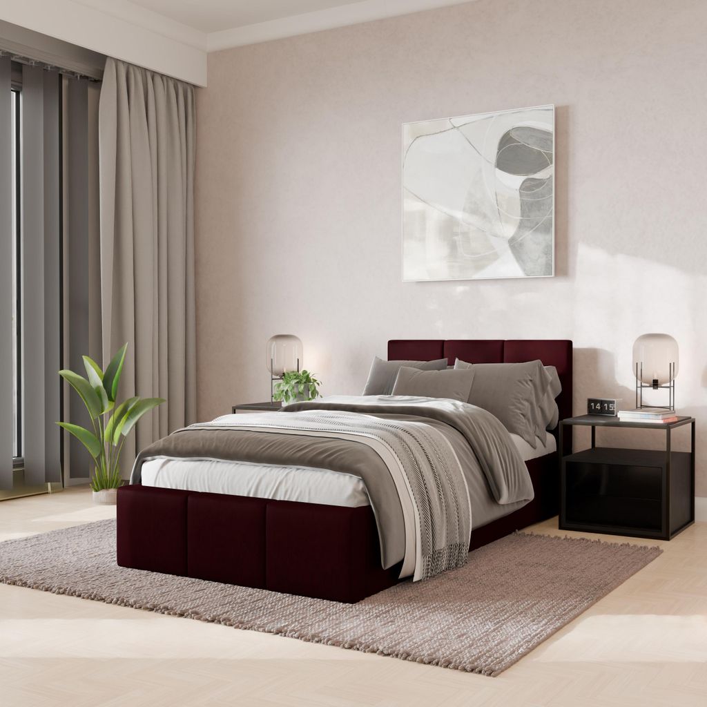 Muralo POLSTERBETT für Schlafzimmer Polsterbett mit Bettkasten und Gasdruckfeder Bett mit Polsterkopfteil Einzelbett 90x200 Bett mit Stauraum Weinrot