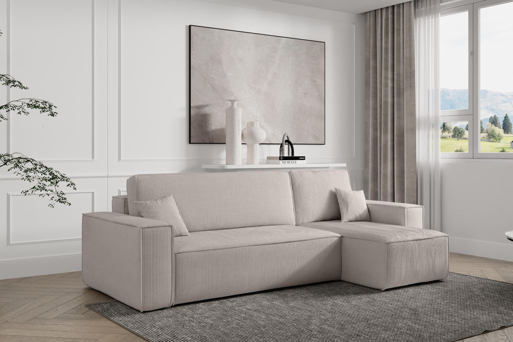 VENASI Ecksofa mit Schlaffunktion Hugo L, Beige Cordstoff Produktbild 