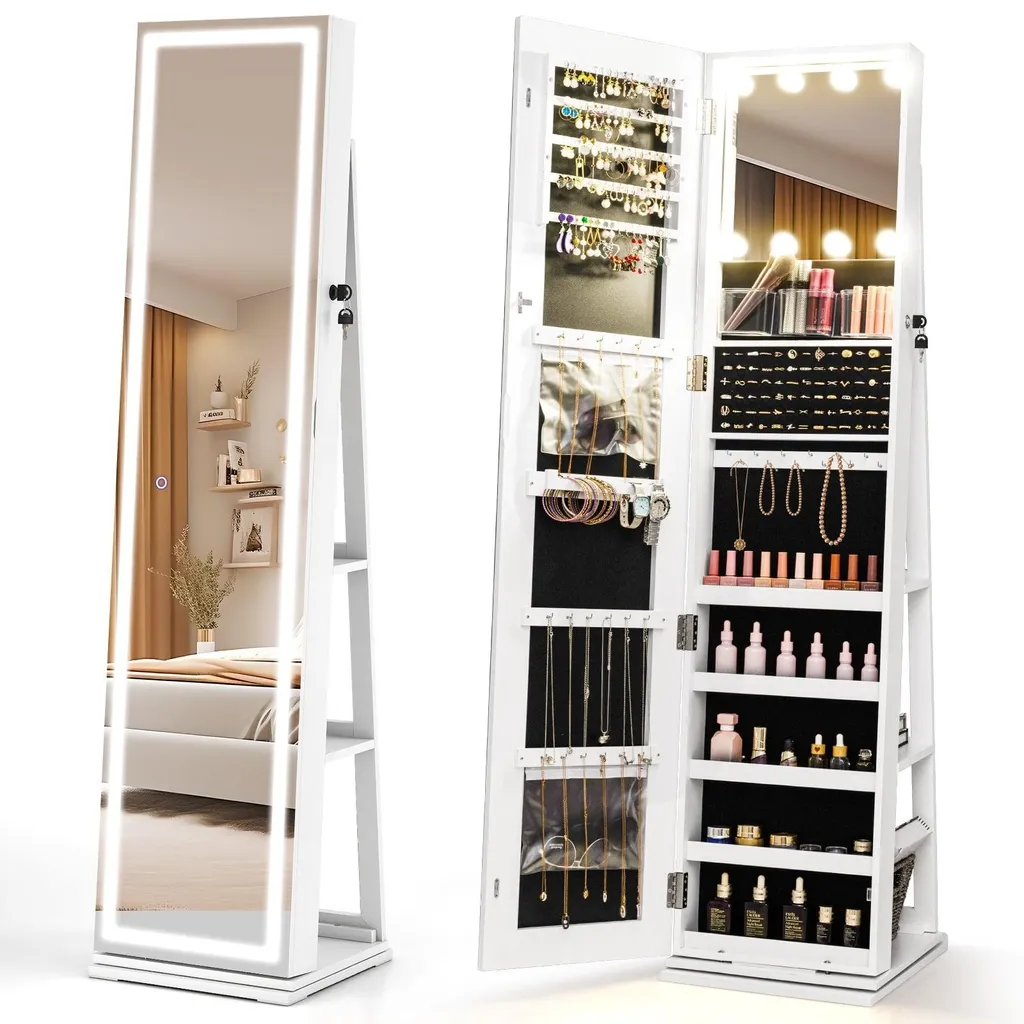 Armoire à bijoux rotative avec miroir LED et étagères blanches 160cm