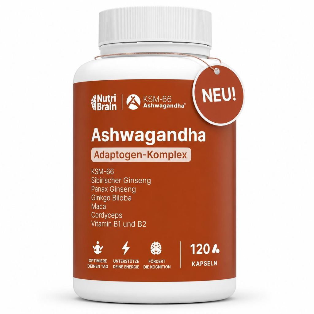Ashwagandha Komplex mit KSM-66, Ginseng, Ginkgo Biloba, Maca, Cordyceps, Vitaminen B1/B2 | Adaptogen, Anti-Stress, Balance | Hochdosiert