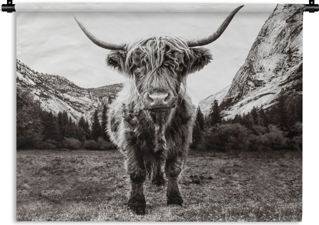 MuchoWow Wandteppich Wandbehang Berg - Schwarz - Weiß - Schottischer Highlander 90x67.5 cm Tapisserie Dekoration Wandtuch - Fototeppich - Wand-S...