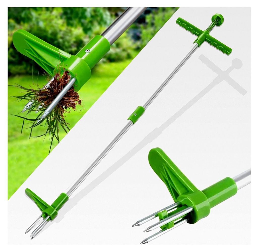 Unkrautstecher, Unkrautentferner mit 100 cm Länge, Gartenkralle mit 3 Zinken und Kunststoff-Pedalen, Gartengerät mit Stiel für effektives Entfer...