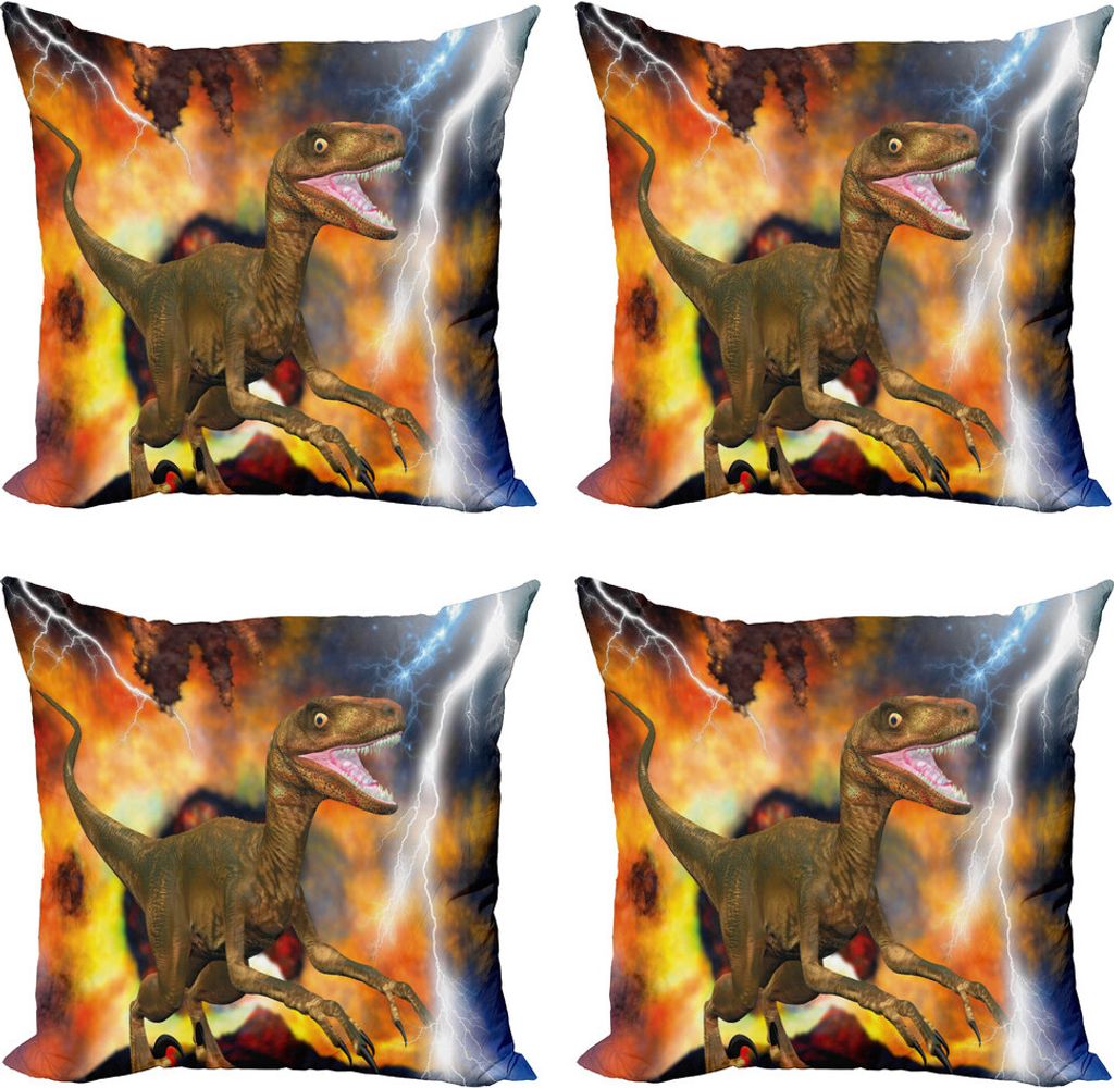 ABAKUHAUS Dinosaurier Kissenbezug Set (4 Stück), Animal Themed Entwurf, Moderner Doppelseitiger Digitaldruck, 40 cm x 40 cm, Mehrfarbig