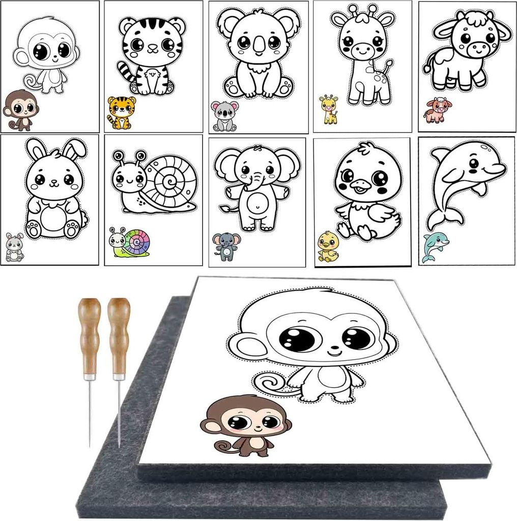 AuFiiy Prickeln Prickelset für Kinder - 10 Tier-Motive, 2x 9mm Prickelunterlagen (15x20cm), 2 Prickelnadeln, Kreatives Basteln ab 4 Jahren