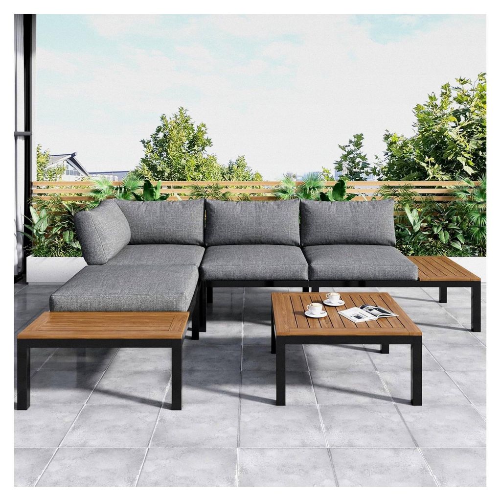 Gartenmöbel Set für 4 Personen, Lounge Sitzgruppe für den Außenbereich mit Sofa und Tisch, Ecksofa-Set aus verzinktem Eisen und Massivholz, gee...