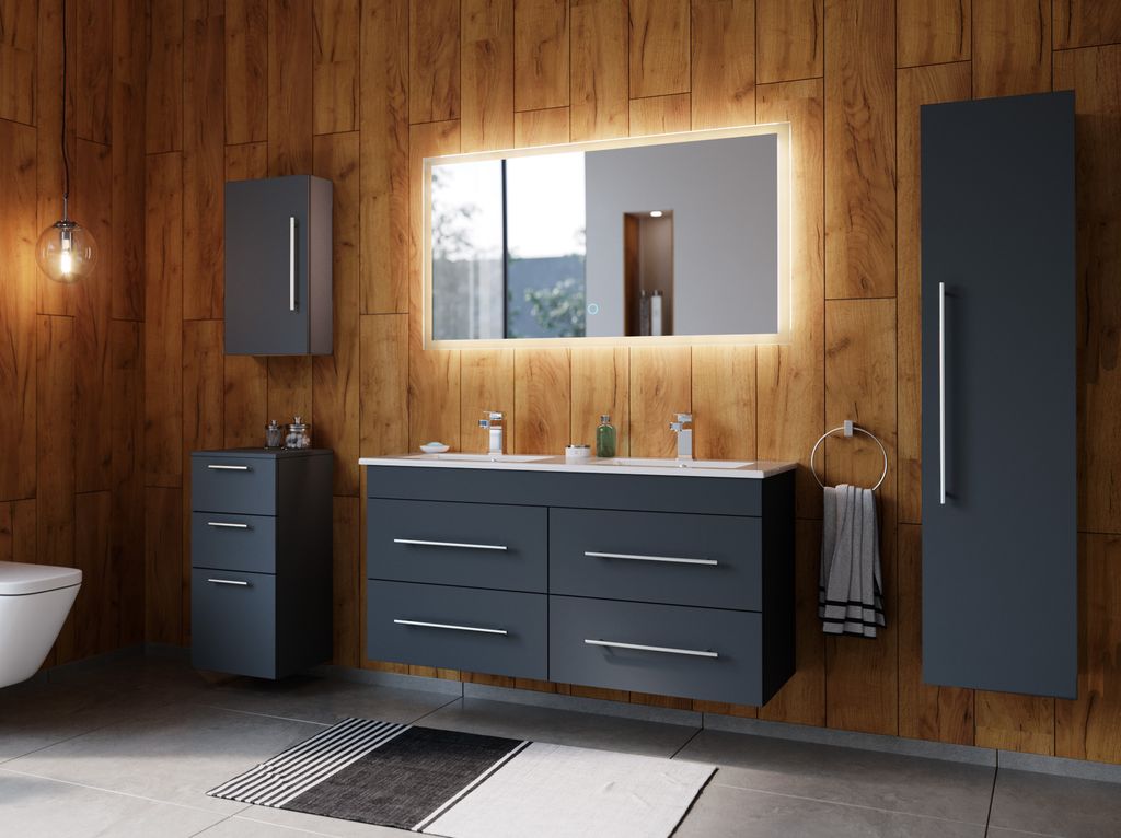 Badmöbelset Helios 5-teilig LED Spiegel Hoch- Seiten- Midischrank grafit : Grafit Varianten: Grafit