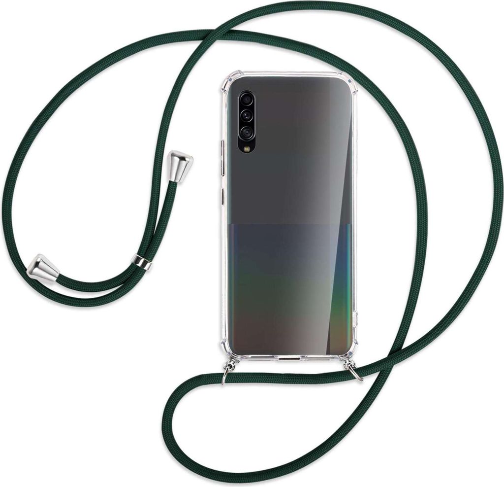 Handykette Backcover-Schutzhülle mit Band (Metall silberfarben) für Samsung Galaxy A90 5G - dunkelgrün