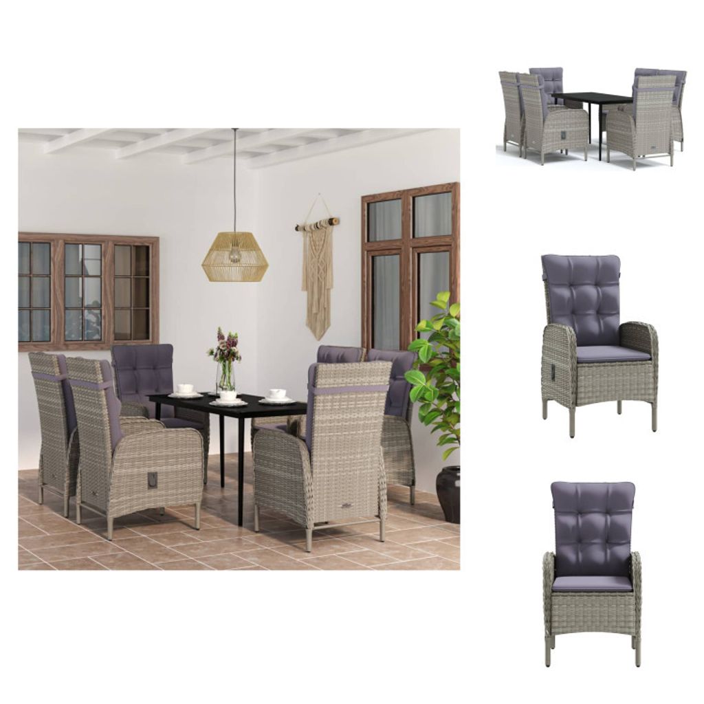 vidaXL 7-tlg. Garten-Essgruppe mit Kissen Grau und Schwarz - Gartenmöbel-Sets