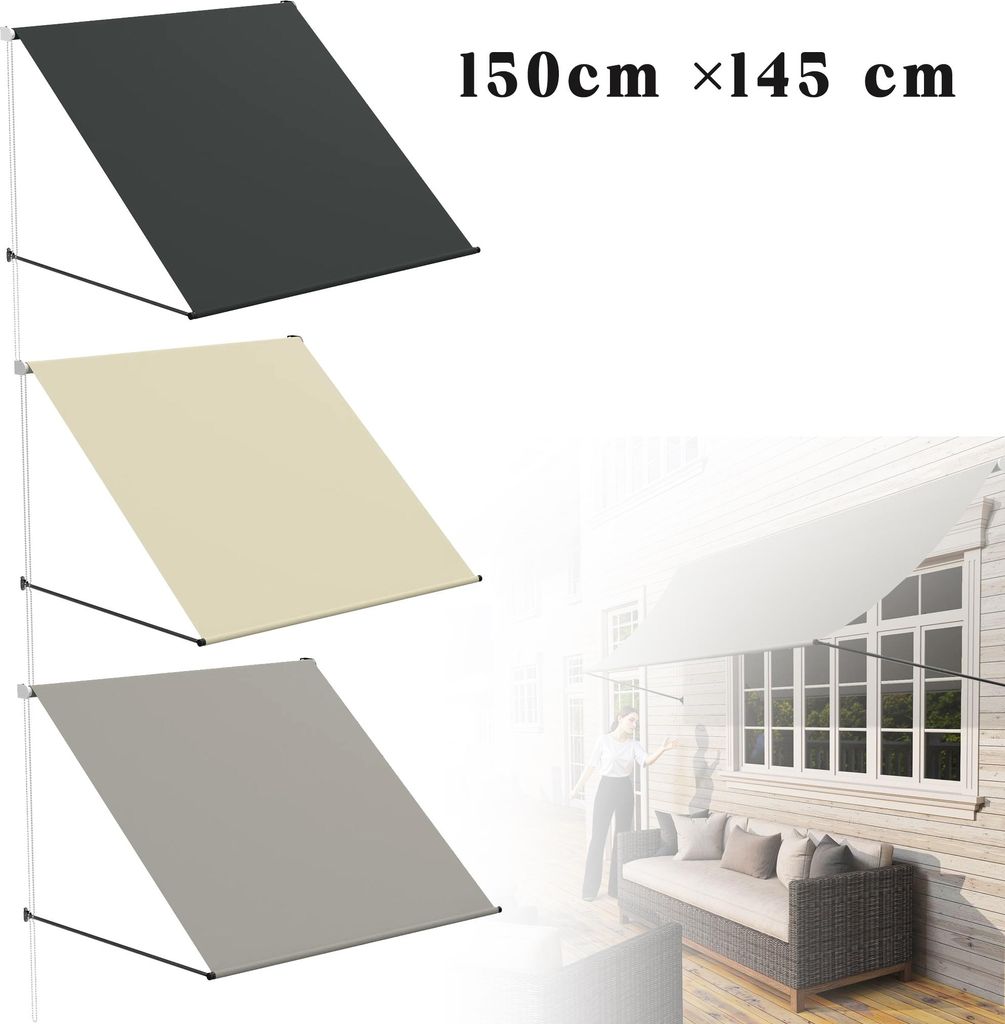 LZQ Markise, Fallarmmarkise einziehbar, 150 x 145 cm, UV-Schutz & wetterfest, Sonnenschutz für Balkon Terrasse Fenster, inkl. Montagematerial, Grau