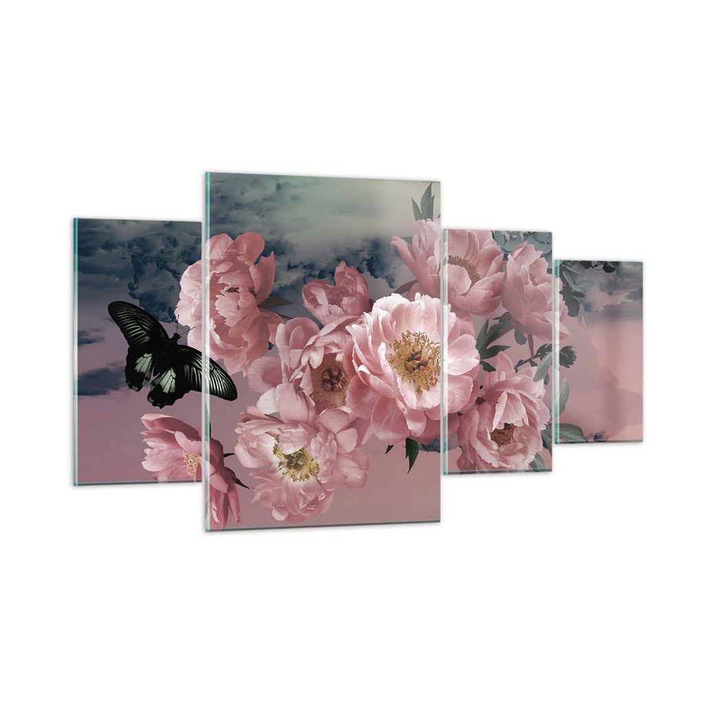 Bilder auf glas - 4 Teile - Blumen Schmetterling Wolken - 160x90cm - Glasbilder - Wandbilder - Bilder - Wanddekoration aus Glas - Glas Bilder - Wan...