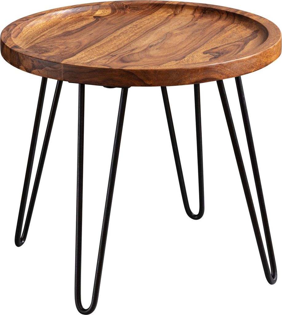 Couchtisch Sheesham Massivholz 45x40x45 cm Wohnzimmertisch Rund | Sofatisch mit Haarnadelbeine | Kaffeetisch aus Holz und Metall