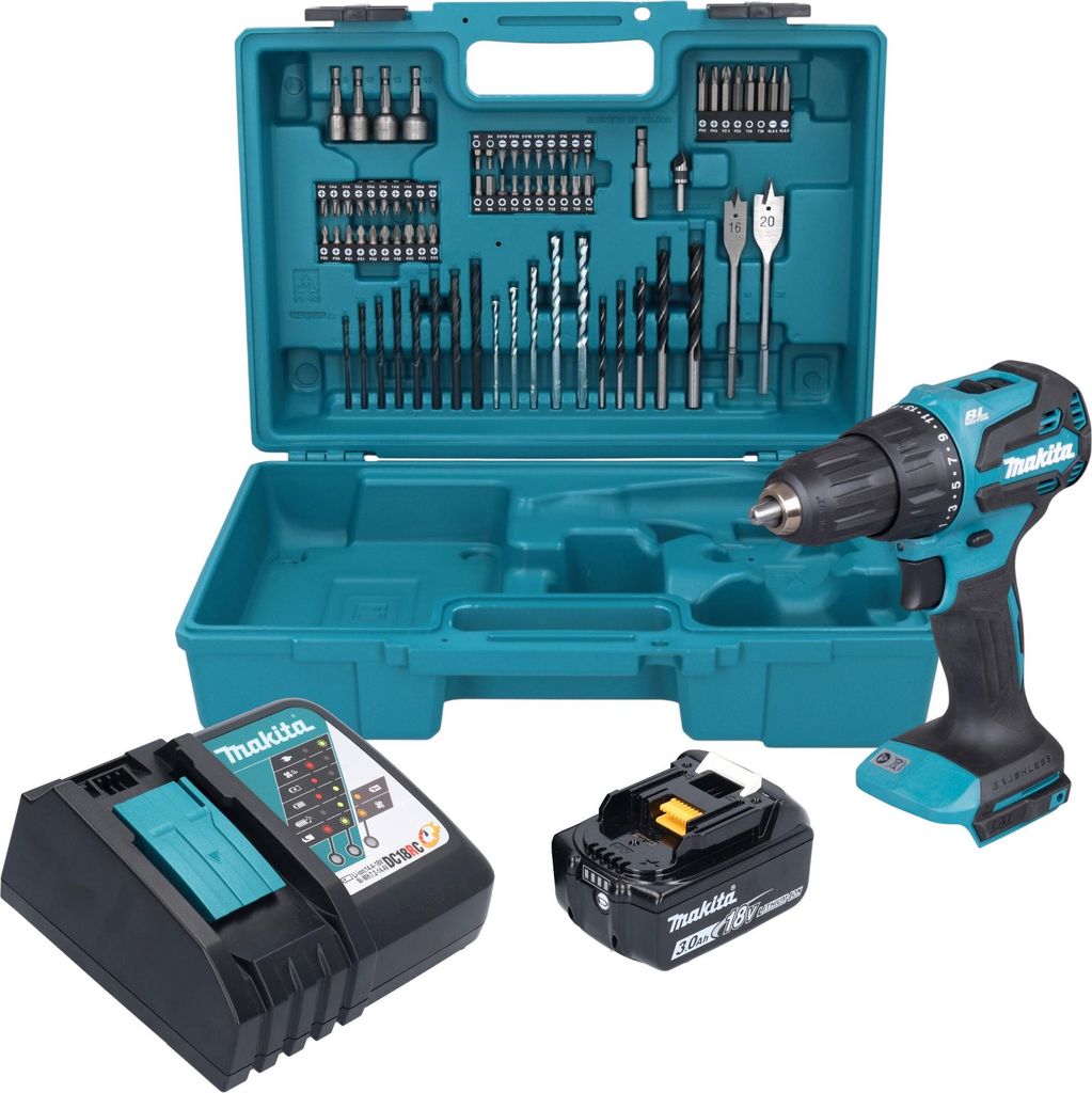 Makita DHP 490 RF1X3 Akku Schlagbohrschrauber 18 V 65 Nm Brushless + 1x Akku 3,0 Ah + Ladegerät + 74 tlg. Zubehör Set + Koffer