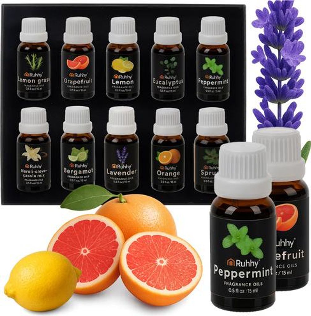 A collage of essential oil bottles, fruits, and lavender sprigs.