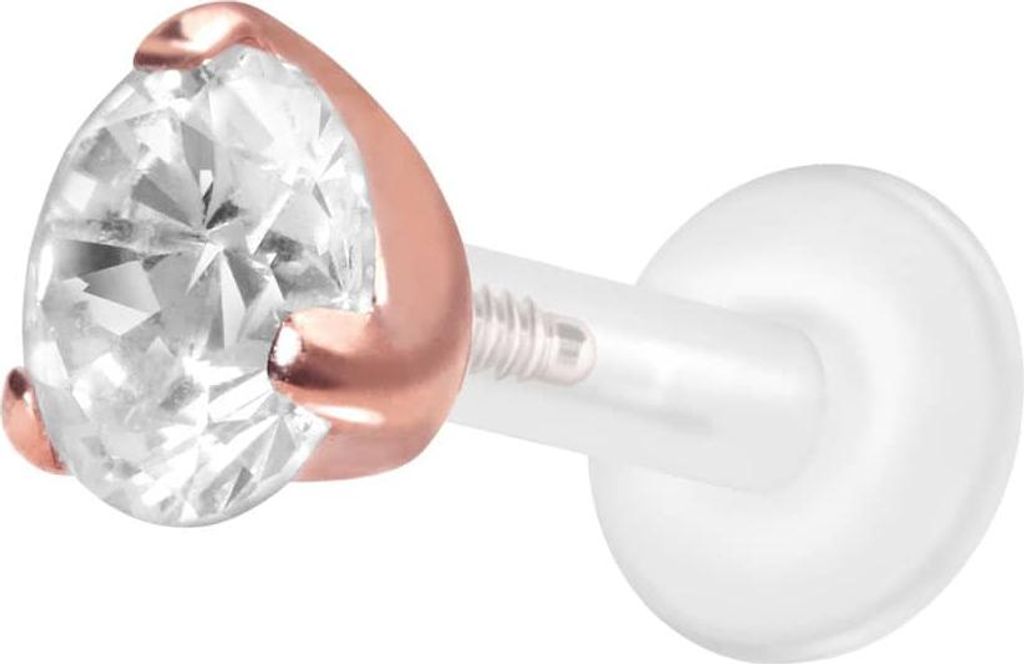 Ohrpiercing, Nasenpiercing PTFE Labret mit Innengewinde + Titan-Aufsatz EINGEFASSTER KRISTALL RoséGold Stablänge: 6mm | Stabstärke: 1,6mm | Kris...