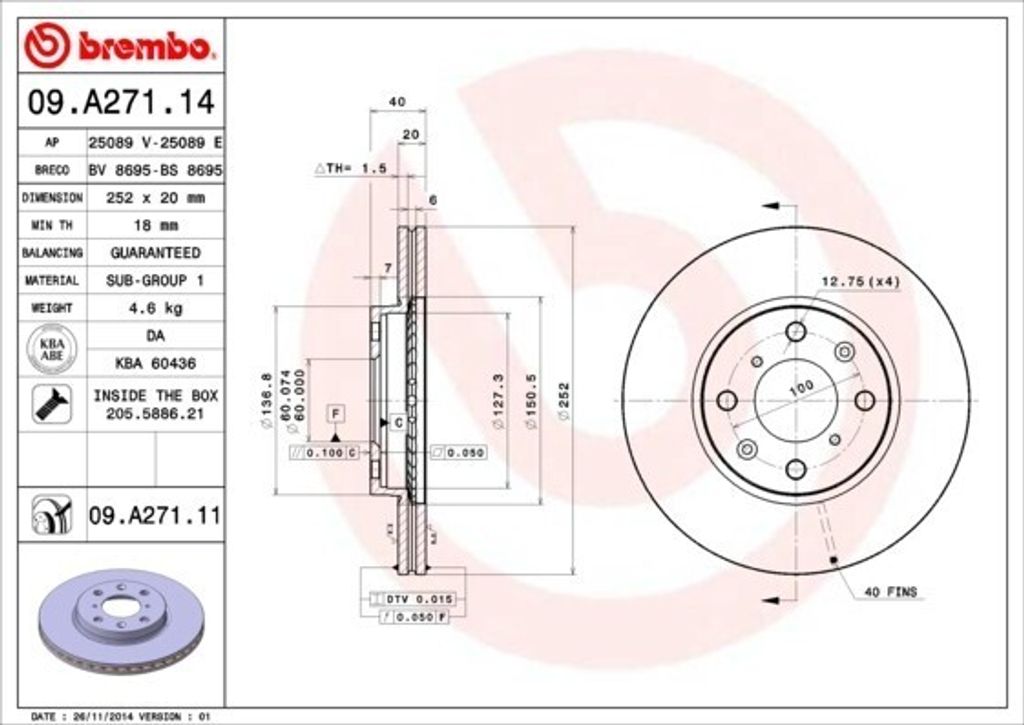 BREMBO 09.A271.14 - OE 4700455 Bremsscheibe für Agila B