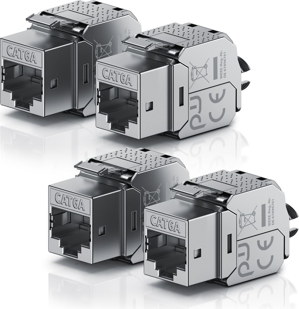 Primewire 4x Netzwerk-Adapter RJ-45 (Ethernet), Buchse zu Netzwerkkabel, CAT.6a Keystone Modul für LAN Kabel, RJ45 Buchse, feldkonfektionierbar