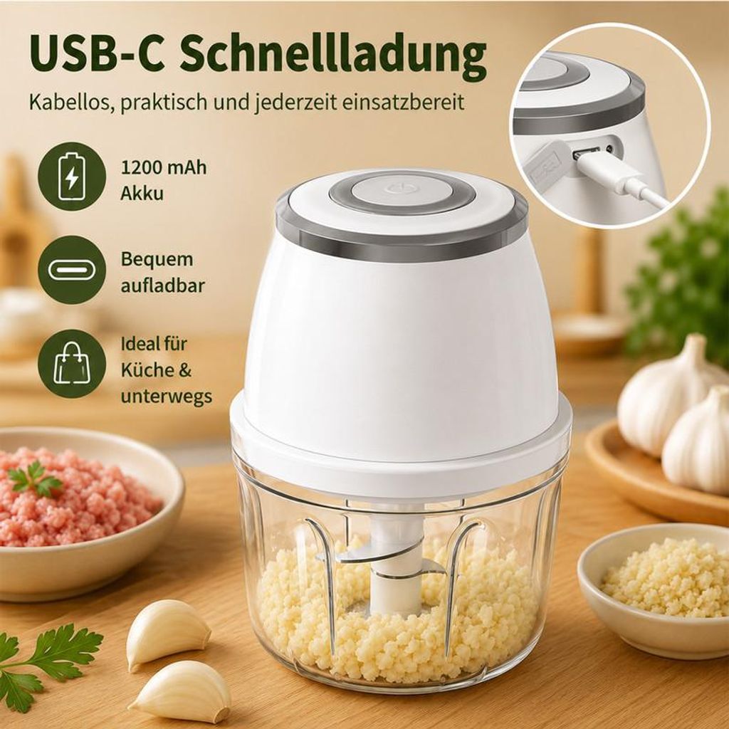 Kabelloser Mini-Zerkleinerer 250 ml mit Glasbehälter, USB-C