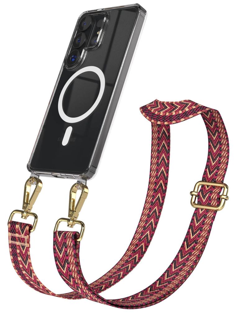 EAZY CASE - Handykette mit MagSafe Hülle für Samsung Galaxy S26 Ultra, Handyband ZickZack Style, Karabiner Gold, Umhängeband in Pink