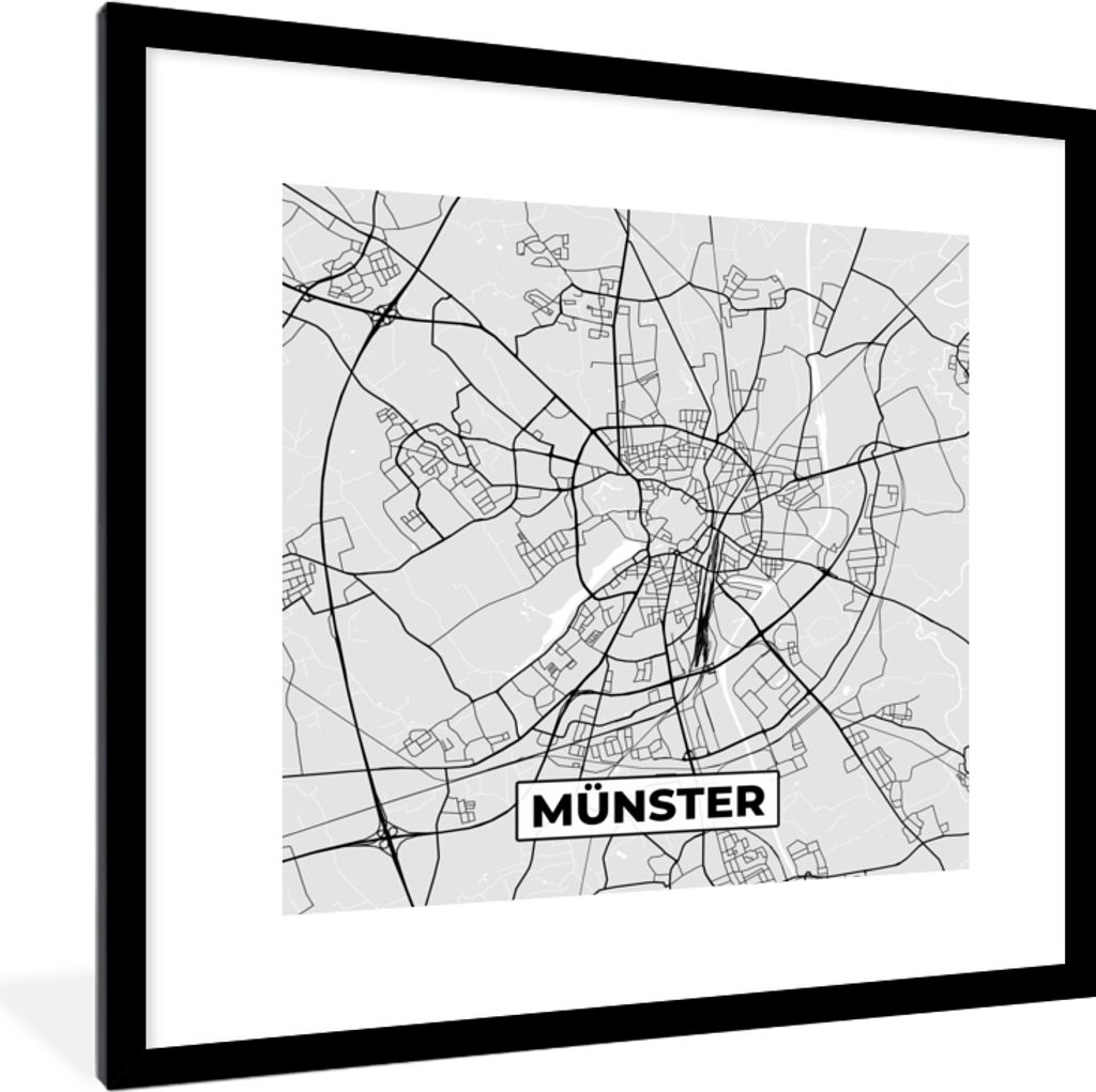 MuchoWow Gerahmtes Poster Deutschland - Karte - Münster - Karte - Stadtplan 40x40 cm - Poster mit Schwarzem Bilderrahmen Wandposter Rahmen Foto ...