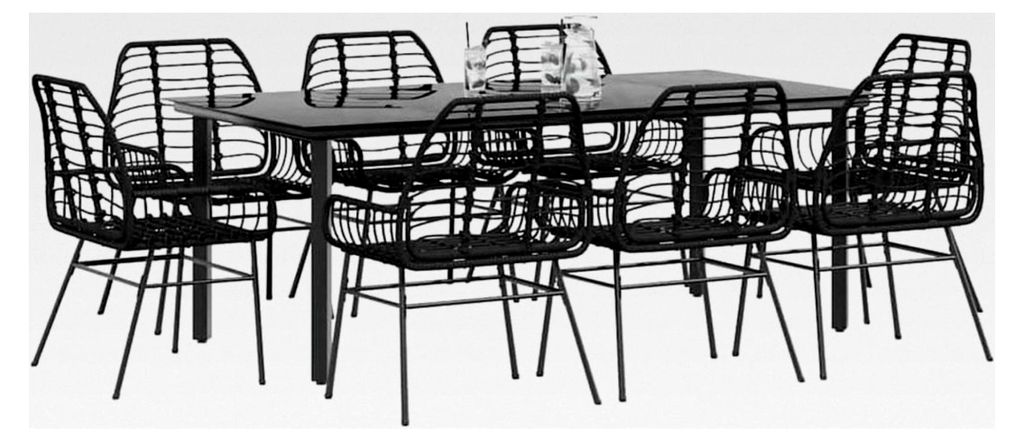 9-teiliges Garten-Esszimmer-Set aus schwarzem Polyrattan mit Glas, für den Außenbereich